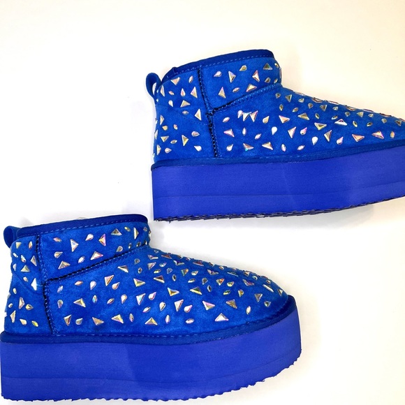 Cape Robbin Shoes - NWT Blue Rhinestone Embellished Fuzzy Boots w/ Sparkling Colored Gems & Faux Fur